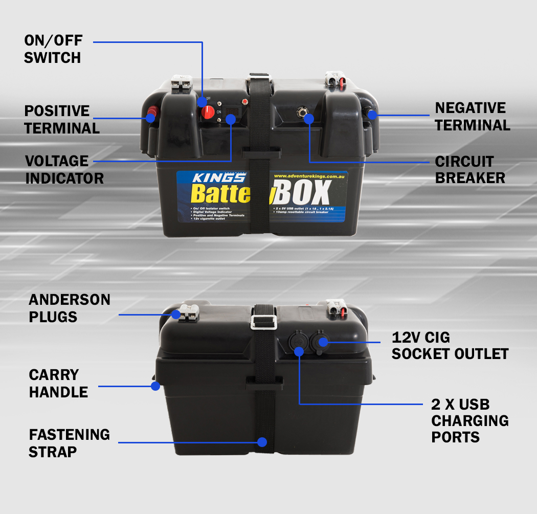 Kings Battery Box Portable 12V 2x USB & Cig Socket Fits Most DeepCycle